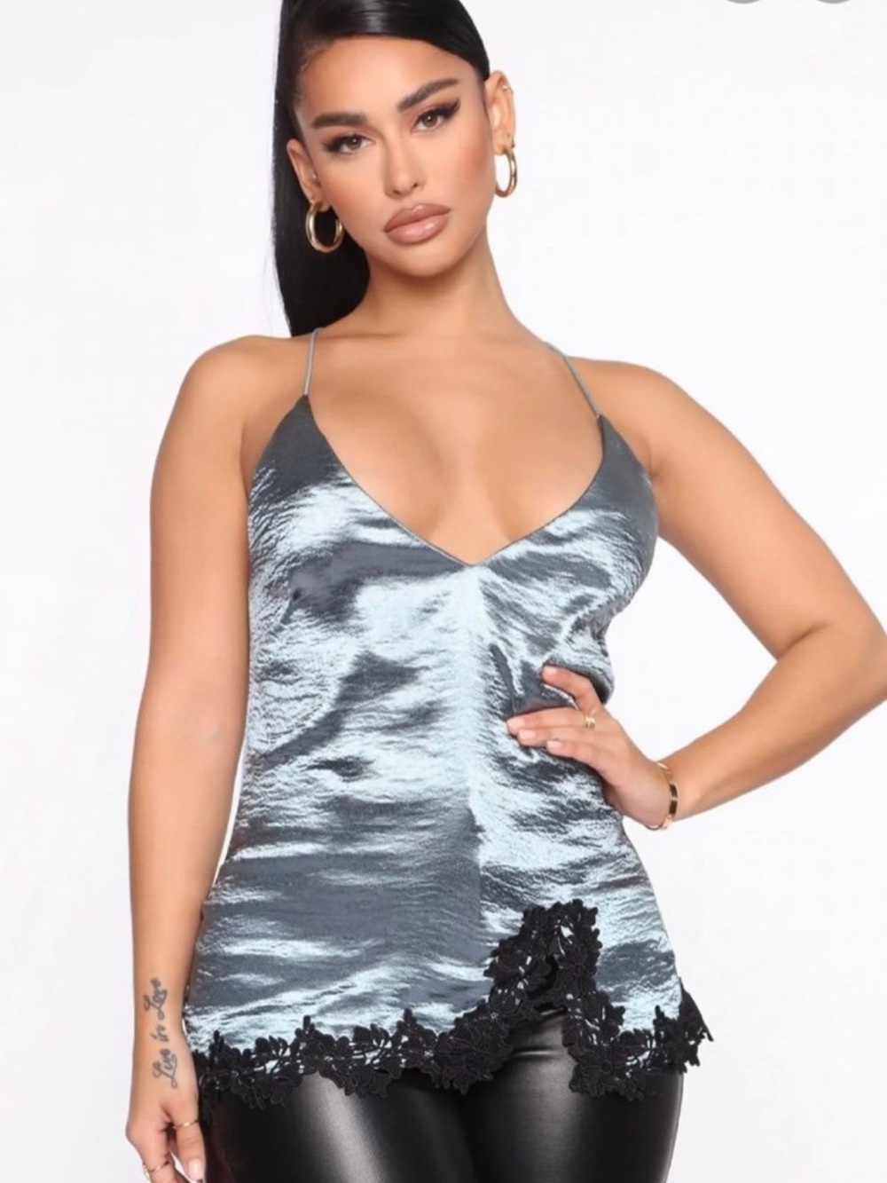 Fashion Nova Silver-Blue Satin Cami with Black Lace Hem